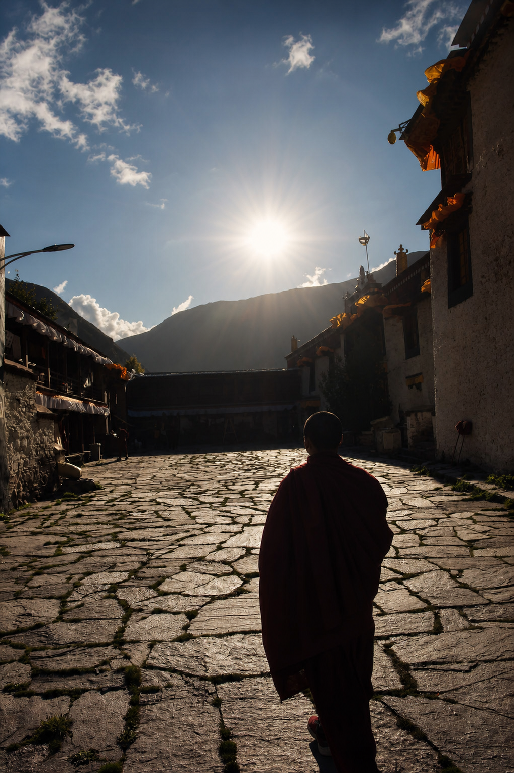 Contemplative figure in Chinese cultural landscape